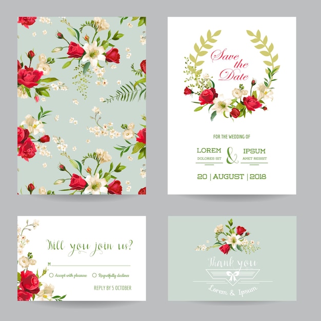 Save the Date Wedding Invitation or Congratulation Card Set. Rose and Lily Floral Theme