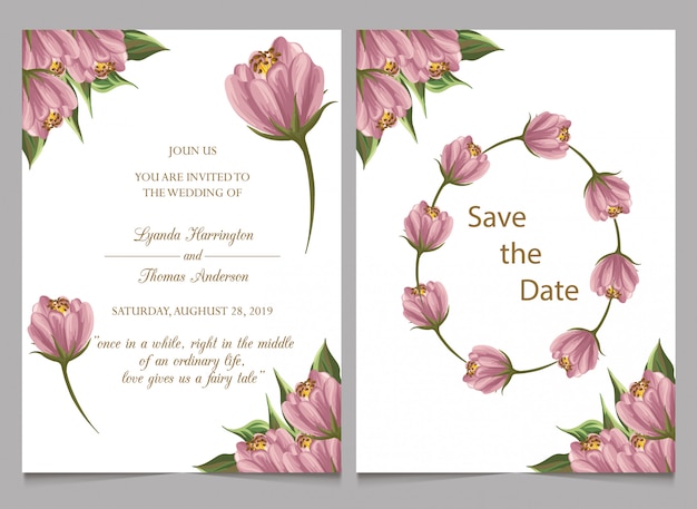 save the date and wedding invitation with flower