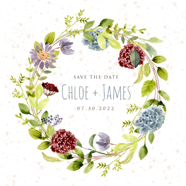 save the date with beautiful watercolor flower wreath