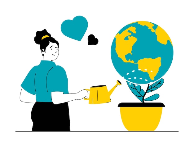 Save Earth concept with character situation Woman watering planet growing from plant in pot takes care of nature and conserves resources Vector illustration with people scene in flat design for web