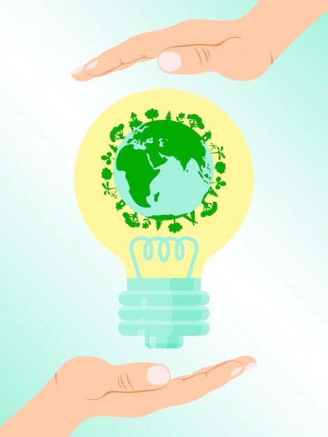 Save earth energy, people hand hold bulb with green earth  illustration. Modern eco energy source, green ground force.