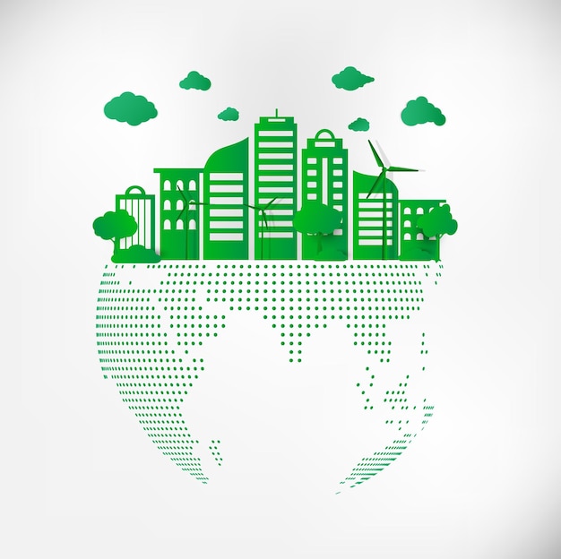 Vector save earth planet world concept world environment day concept green modern urban city on green dot globe safe the world ecology concept