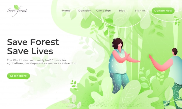 Save Forest & Save Lives Landing Page with Faceless Young Boy and Girl on Green Nature