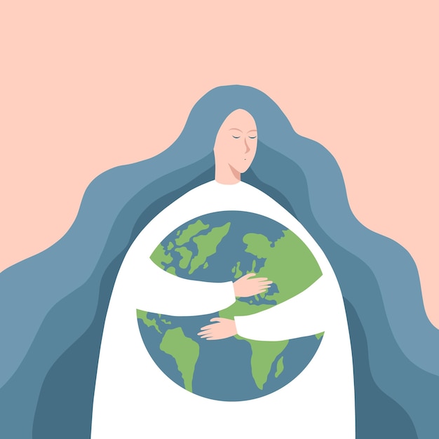 Save the planet concept of the Earth day Woman holding planet symbol Girl hugging Earth