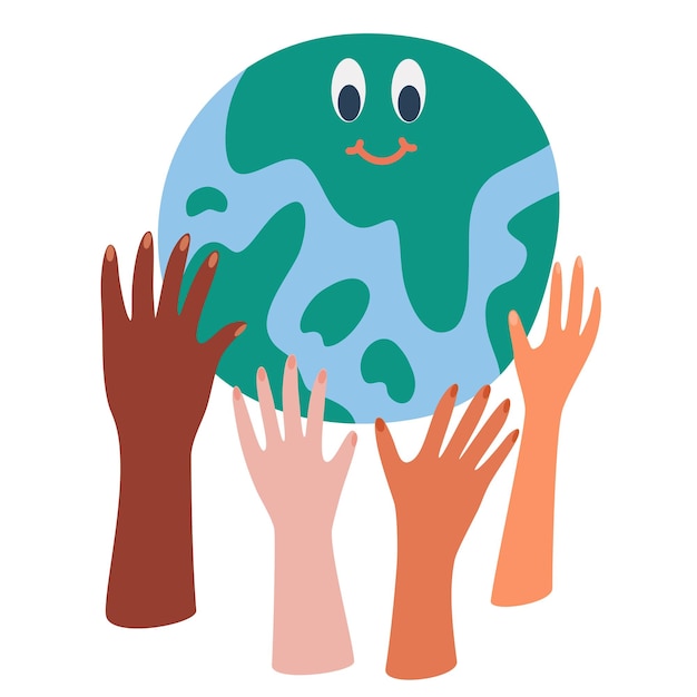 Save the planet Different hands holding globe earth Earth day concept Earth day vector illustration for poster banner print web Modern cartoon flat style illustration