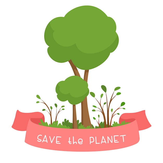 SAVE the PLANET. Green trees and pink ribbon with text. Environmental protection concept. Tree planting. Cartoon   illustration on a white background.