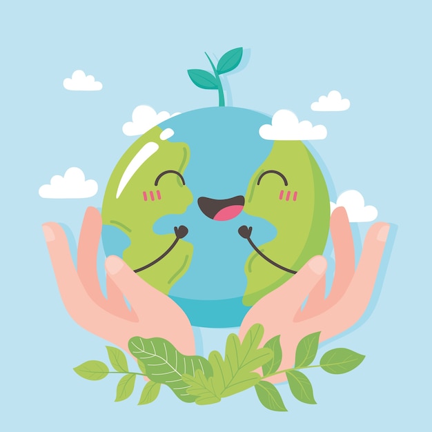 Save the planet, hands with cute earth map and leaves cartoon illustration