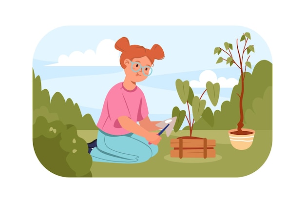 Save the planet kids concept with people scene in the flat cartoon style Little girl plants trees