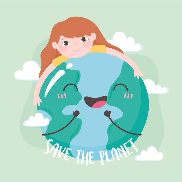 Save the planet, little girl hugging earth map illustration