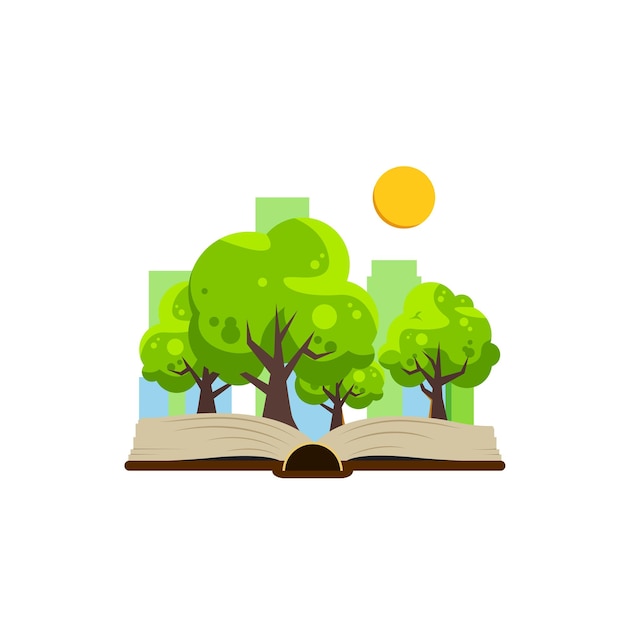 Save trees vector illustration Vector illustration of book with trees sun and city behind it Flat vector illustration