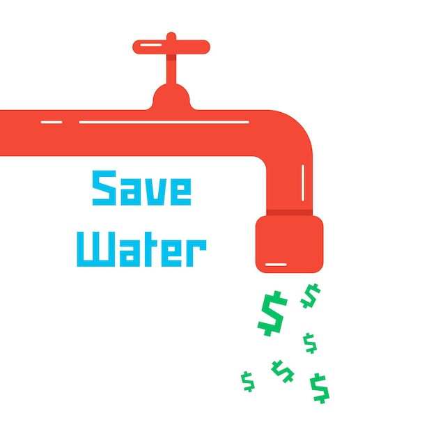 Save water with red faucet. concept of thrifty lifestyle, supply, environmental guard, low water consumption, charge. isolated on white background. flat style trend modern design vector illustration