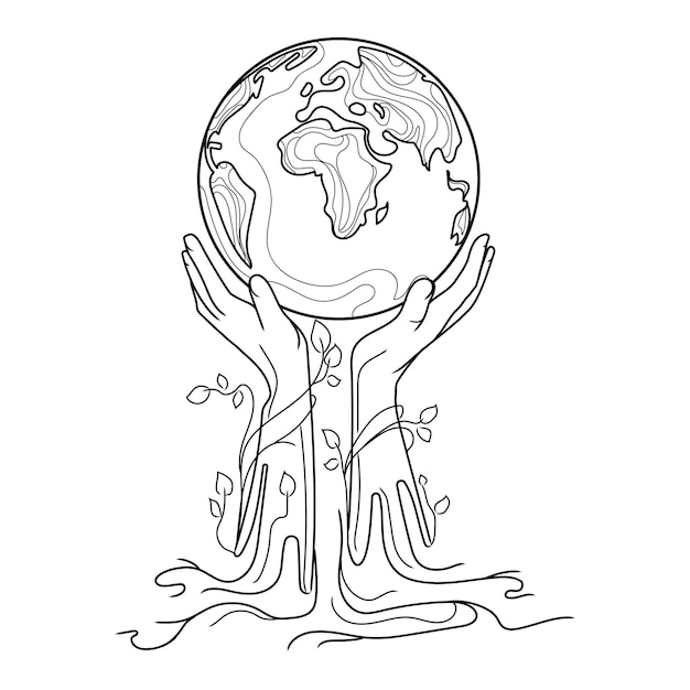 Save the world concept isolated line drawingvector illustrationhands with leaves hold Planet Earth