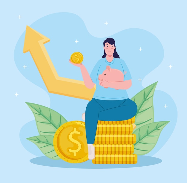 Saver female lifting piggy savings seated in coins with statistics arrow  illustration 