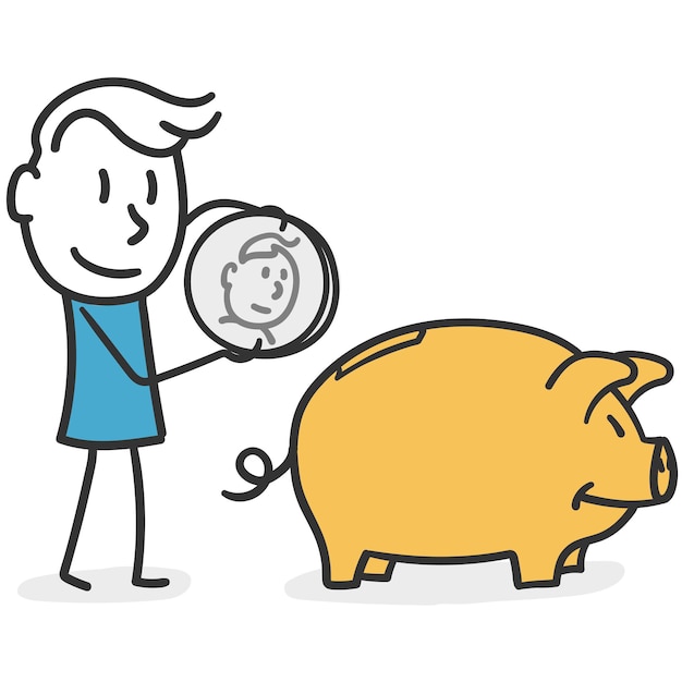 Saver Man Concept of forward thinking man who saves his earnings in a piggy bank