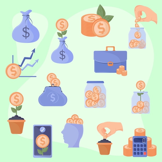 Vector saving and investing money icons