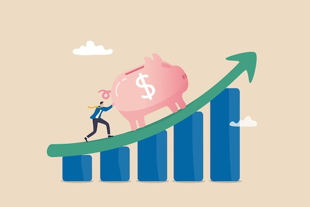 Saving or investment profit compound interest graph or wealth incremental investment earning from stock market or mutual fund concept rich businessman push big piggy bank up rising graph and chart