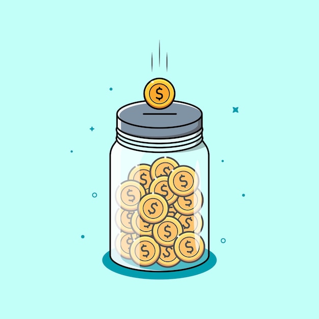 Saving money jar and stack of coins illustration