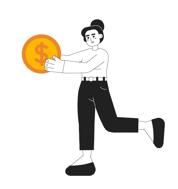 Saving money monochromatic flat vector character Editable thin line full body young woman hold gold coin on white Simple bw cartoon spot image for web graphic design