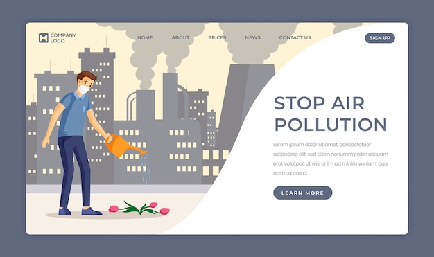 Vector saving nature flat landing page template. stop air pollution, decrease industrial emissions one page website design. man watering flower in polluted city cartoon character with text space