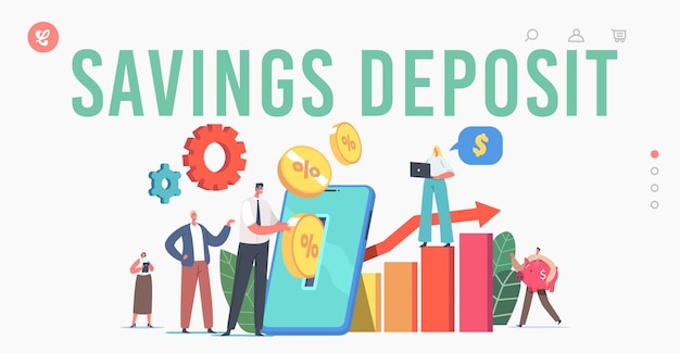 Savings Deposit Landing Page Template. Tiny Characters Put Gold Coins into Huge Smartphone Screen Making Online Financial Investment in Mobile Account, Piggy Bank. Cartoon People Vector Illustration