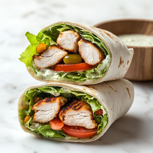 Vector savory grilled chicken wrap a flavorful fusion of juicy meat fresh veggies and creamy sauce