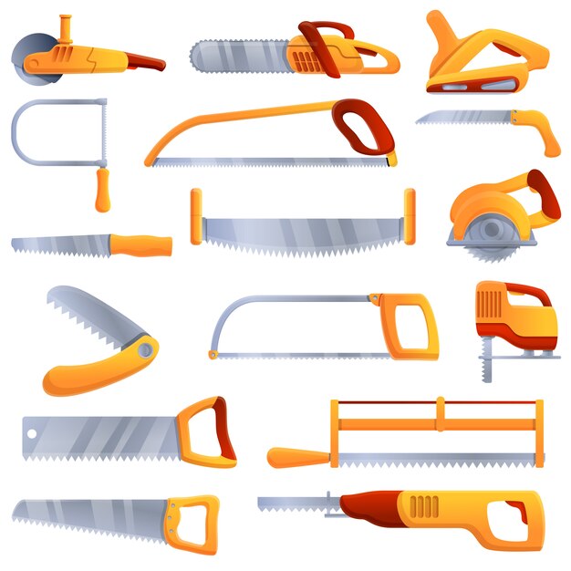 Vector saw icons set, cartoon style