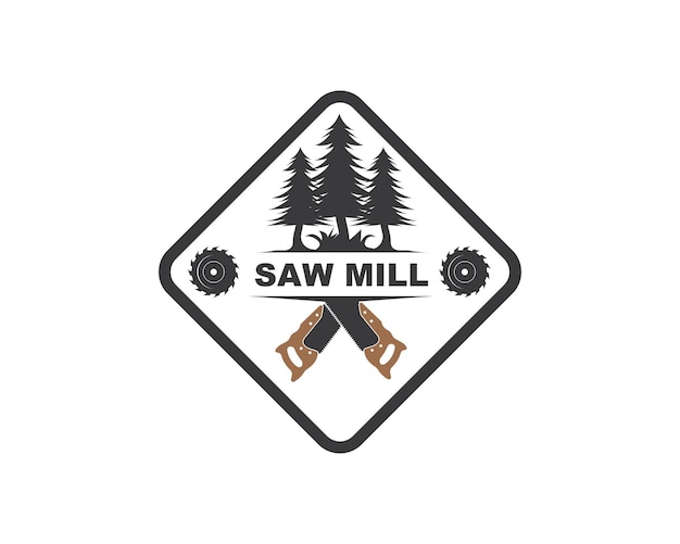 Saw and pines tree logo icon vector of saw mill wooden