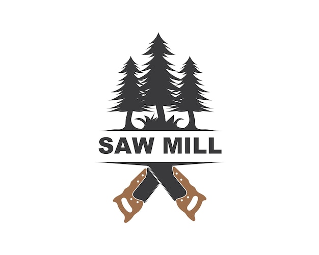 Saw and pines tree vector logo icon of saw mill wooden