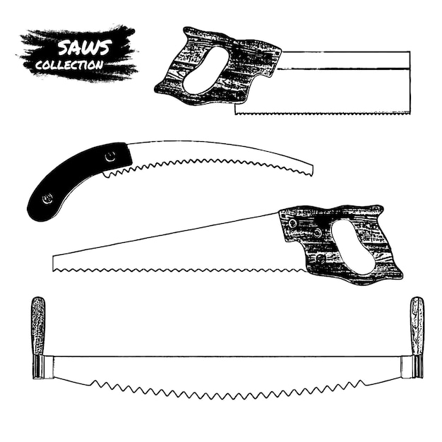 Saw set hand drawn illustration Repair tool isolated on white Engraved style sketch