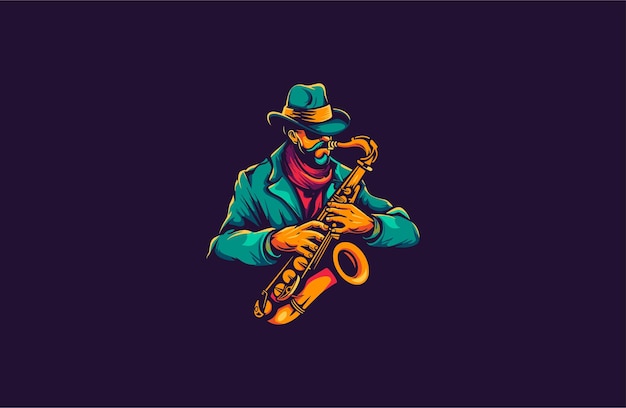 Saxophone man logo vector icon illustration vintage style