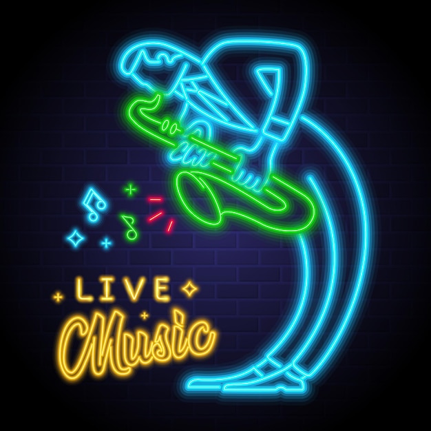 Saxophonist musician with neon light elements Live music with neon vector style