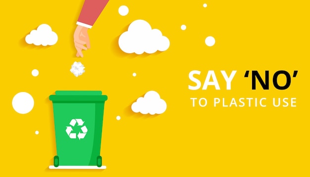 Say no to plastic use Man throwing plastic in recycle bin