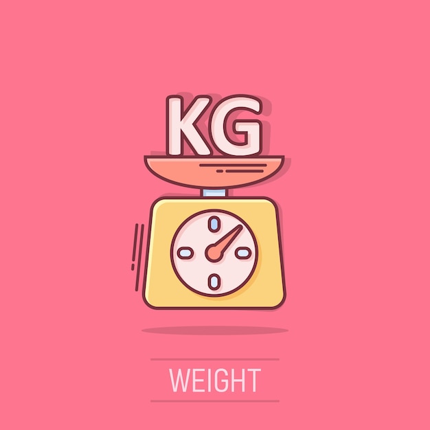 Vector scale icon in comic style kilogram dumbbell cartoon vector illustration on white isolated background gym splash effect business concept