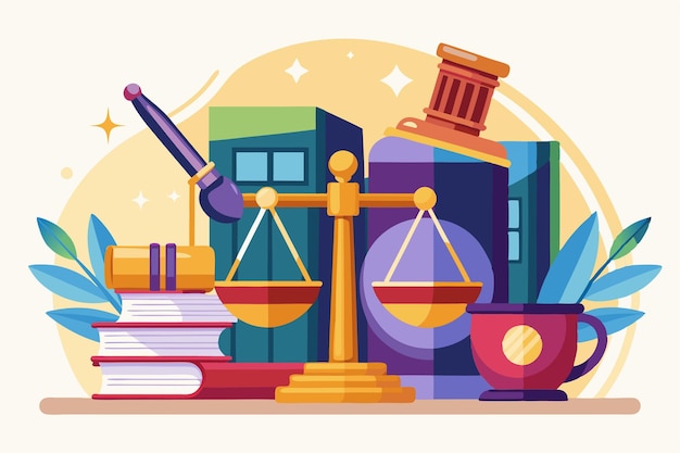 Vector scales of justice sit amidst law books and legal tools highlighting the principles of jurisprudence and legislation jurisprudence and legislation