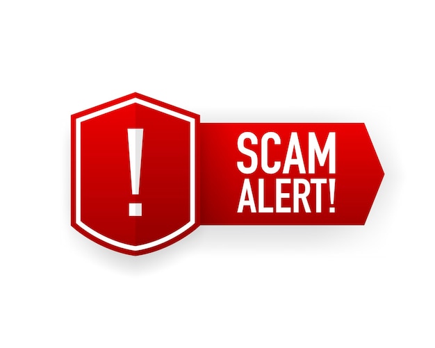 Scam alert red banner. Scam sign label isolated. Vector illustration.