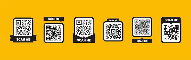 Scan me tag set with QR codes Qrcode icon for mobile app isolated on yellow background