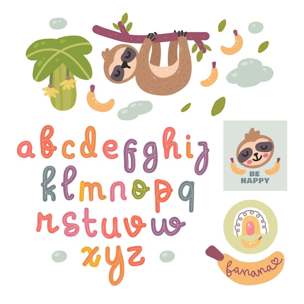 Scandinavian alphabet, sloth theme set cute and clipart colorful collection isolated element