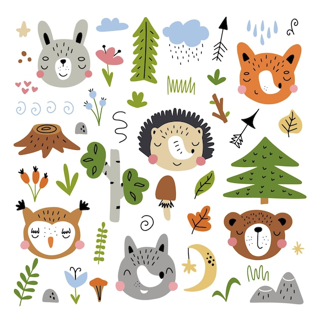 Scandinavian animals set Drawn by hand Doodle cartoon animals with elements of the forest and the gifts of nature for children's posters postcards children's tshirts Vector illustration