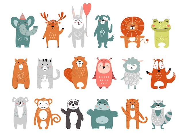 Scandinavian characters Art african and forest animals Piccolo lion rabbit frog and bear Wild woodland animal Nursery elements nordic style classy vector clipart