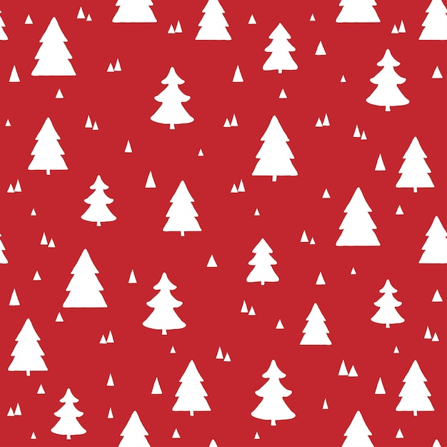 Scandinavian Christmas seamless pattern Vector red background with white hand drawn Christmas trees