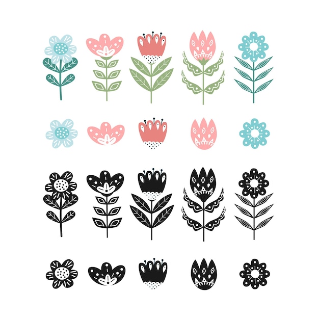 Scandinavian cute folk vector flat flowers floral design by traditional scandinavian illustration