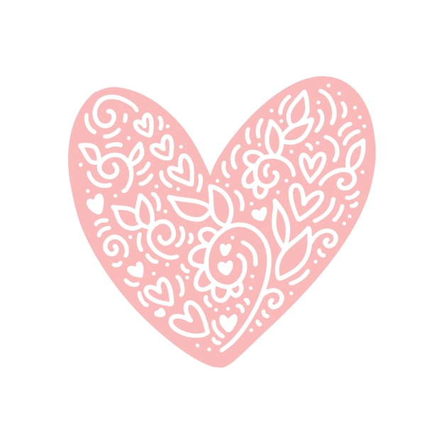 Scandinavian cute hand drawn heart with flowers and leaves in hygge style. flourish vector element for valentine day