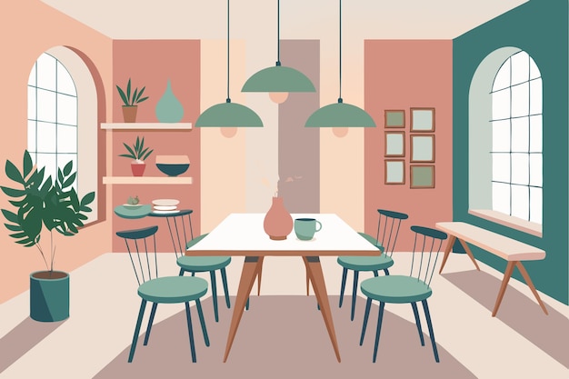 scandinavian dinning room modern flat illustration background