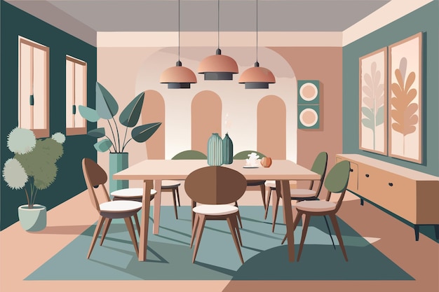 Vector scandinavian dinning room modern flat illustration background