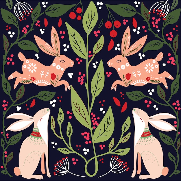 Scandinavian folk art pattern with birds and flowers 