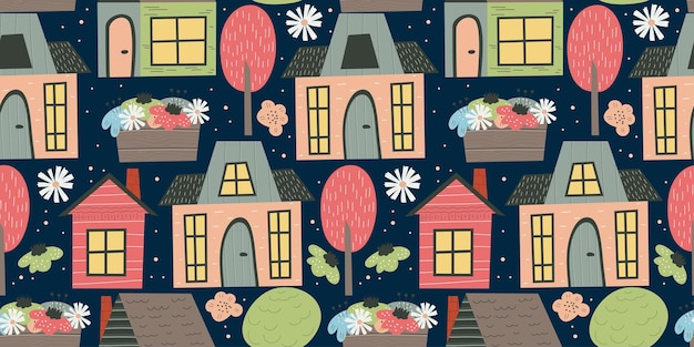 Scandinavian house seamless pattern with tree and flower. Hand drawn vector illustration. Cottage with windows and a roof for childrens textiles. Village landscape with cute houses