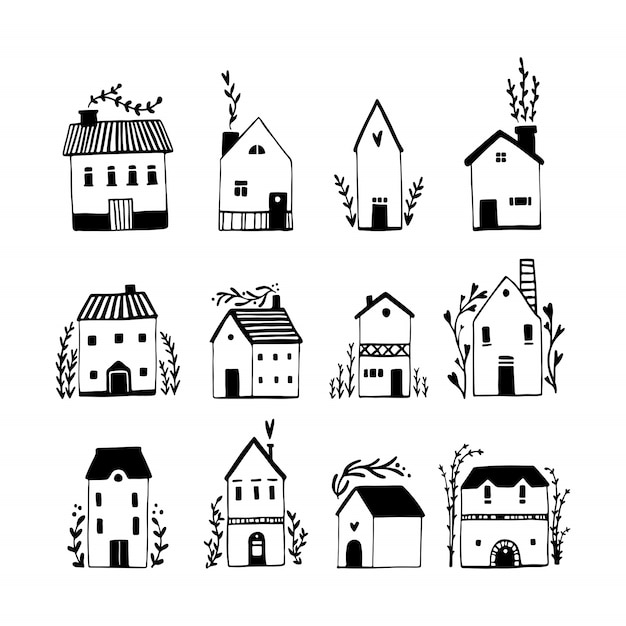 Scandinavian houses set. hand-drawn illustration of buildings in a simple childish cartoon style. Cute isolated black and white sketch drawing