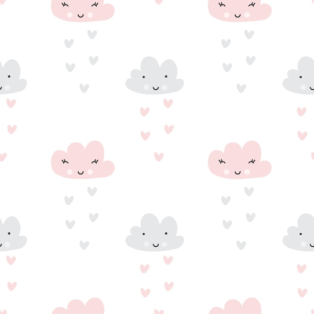 Scandinavian kid Seamless pattern. Face Clouds and rain hearts texture. Minimalistic baby background