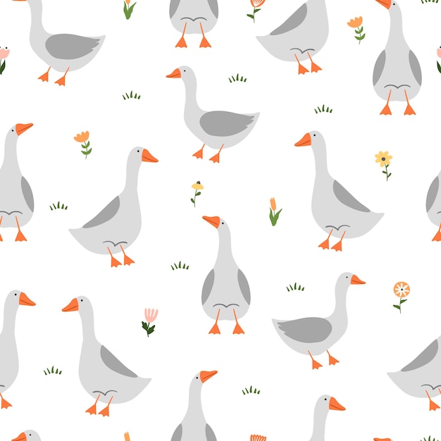 Vector scandinavian seamless pattern with goose and flowers isolated on a white background