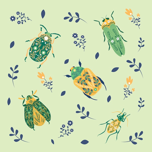 Scandinavian style bugs Hand drawn colored vector seamless pattern